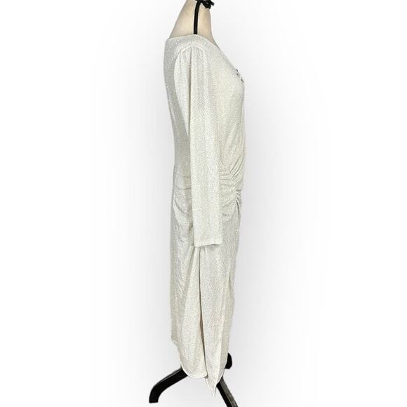 Maggy London Sheath Midi Dress Women's 12 Ivory Glitter Asymmetric Neck Slit - Picture 6 of 8